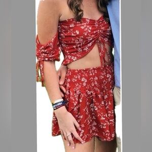 Red & White Floral Print Crop Top and Skirt Set